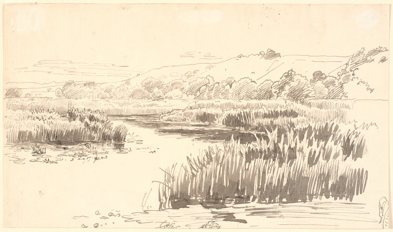 Landskap med en bäck längs vars bredd hög vass växer. Kullar i bakgrunden. Förmodligen Vejle av P.C. Skovgaard