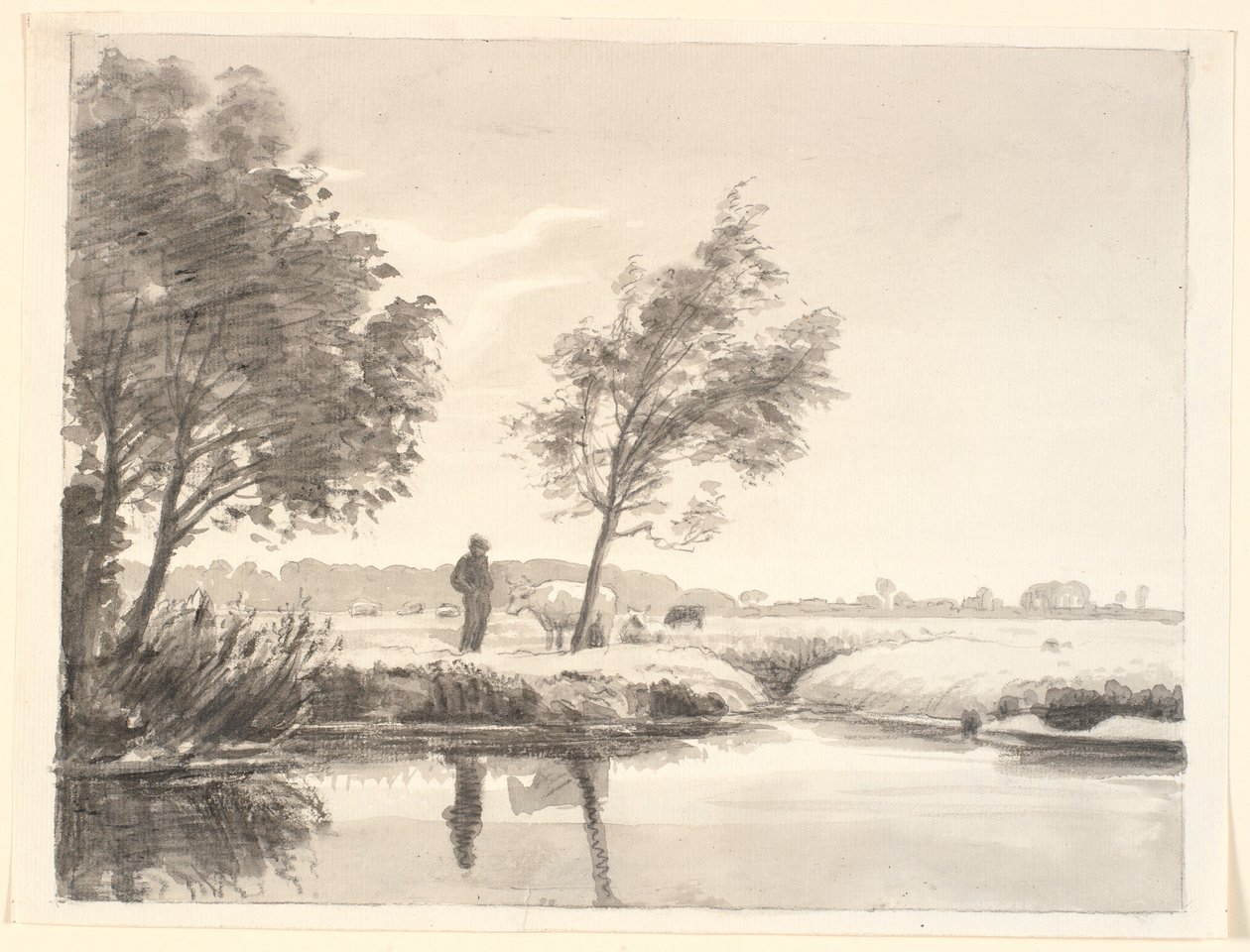Landskap med fält, träd, kor och en bonde reflekterat i vattnet i förgrunden av P.C. Skovgaard