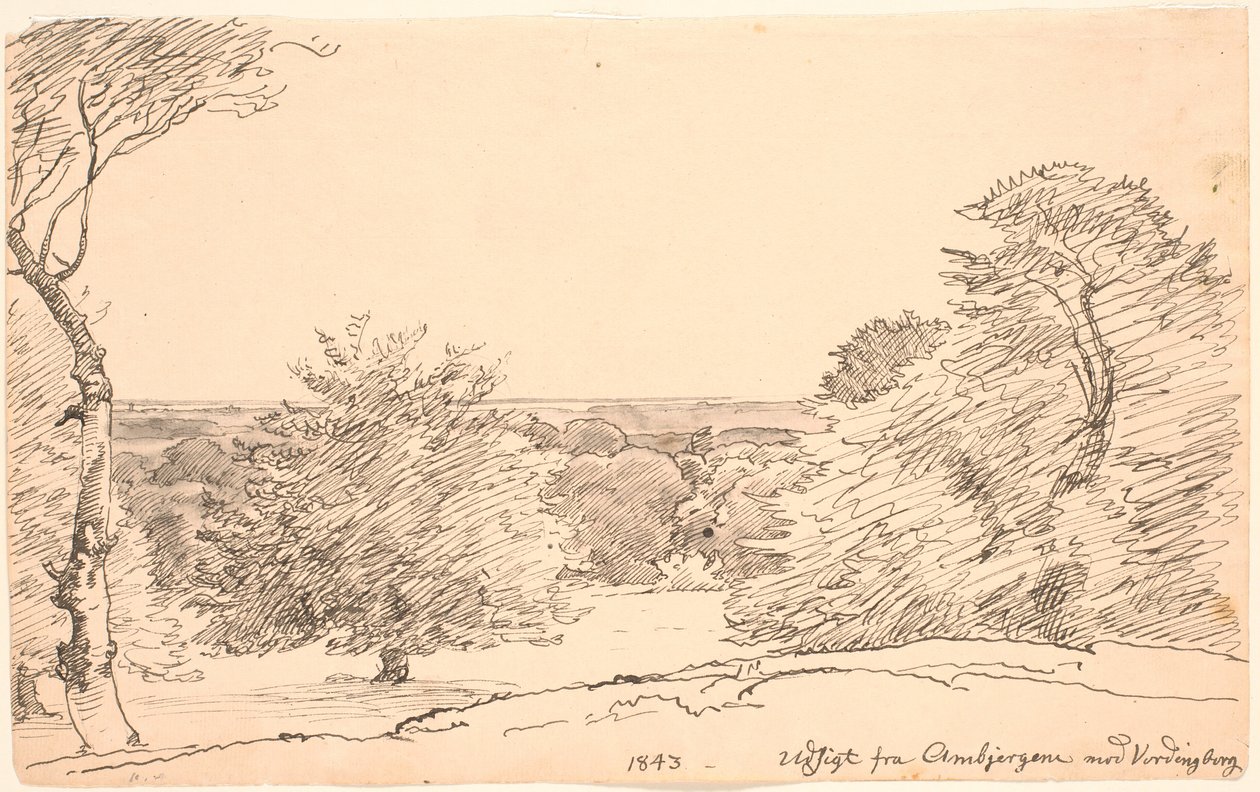 Landskap med träd och vid utsikt från Ambjergene mot Vordingborg. av P.C. Skovgaard