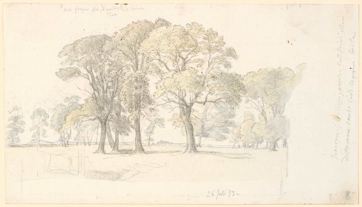 Parti från Jægersborgs djurpark med fristående träd. av P.C. Skovgaard