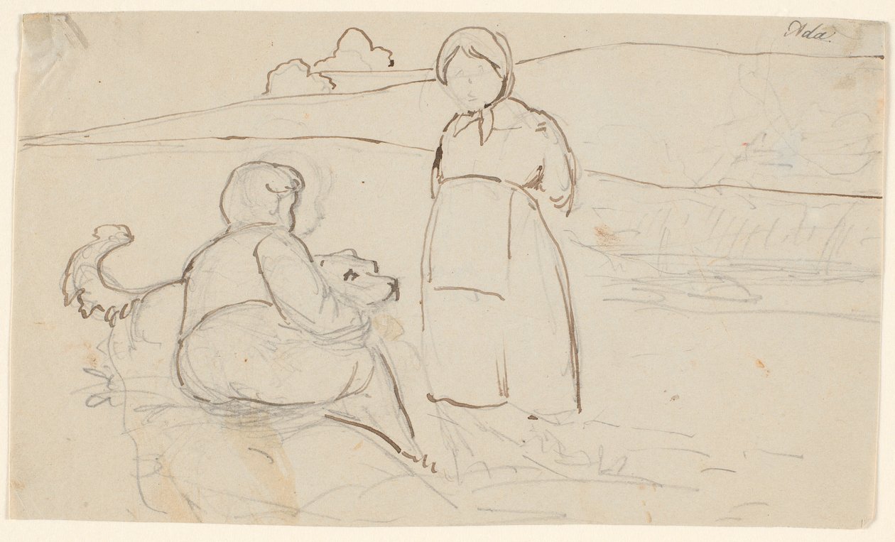 Sittande pojke med hund och stående flicka i ett landskap. av P.C. Skovgaard