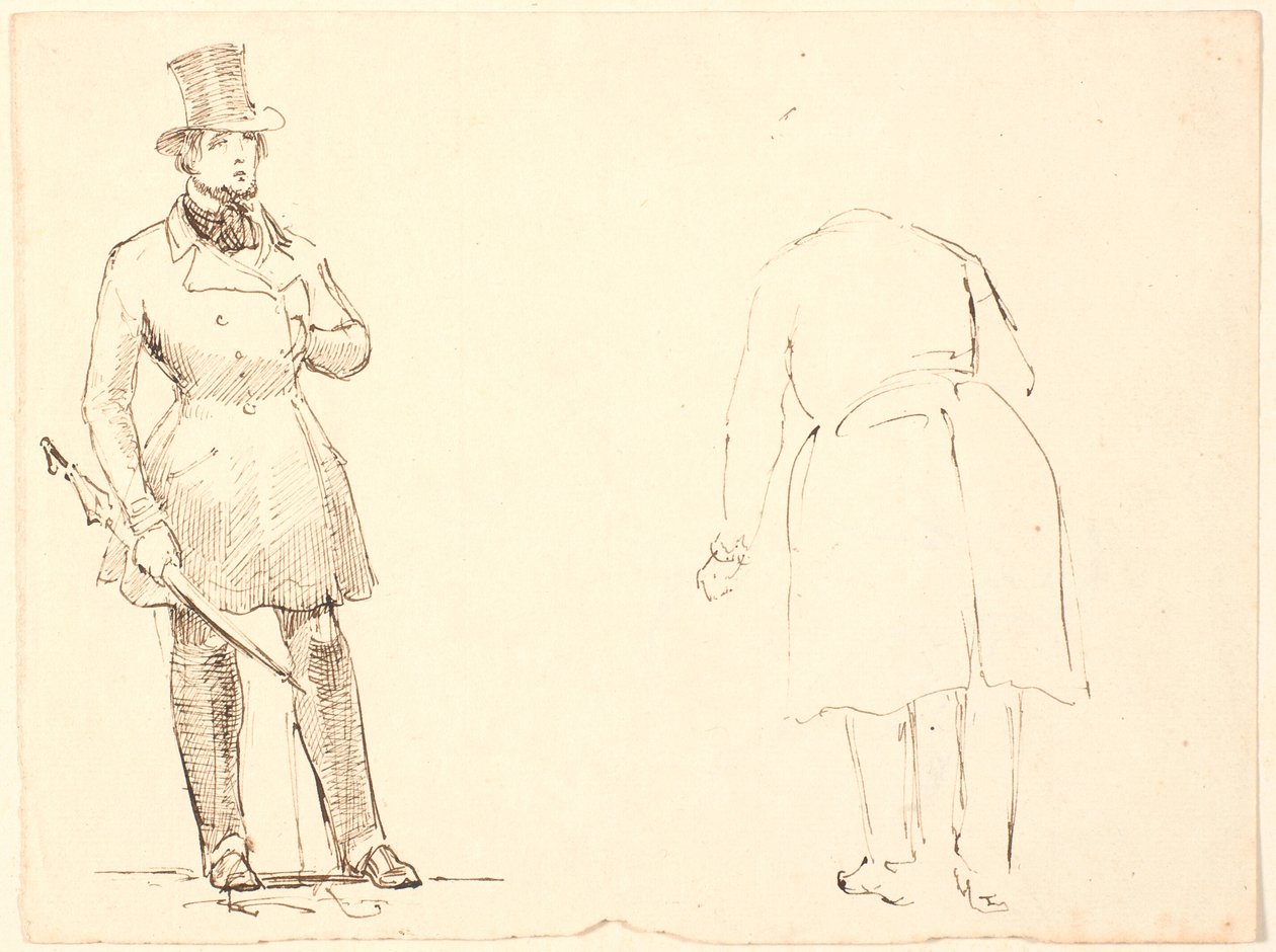 Stående herre med paraply och t.h. böjande herre sedd bakifrån av P.C. Skovgaard