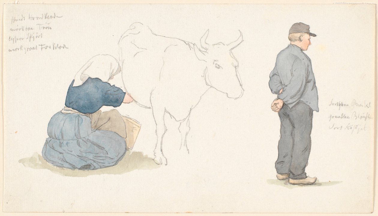 Studietidning med tjej som mjölkar en ko, t.h. stående bonde. av P.C. Skovgaard