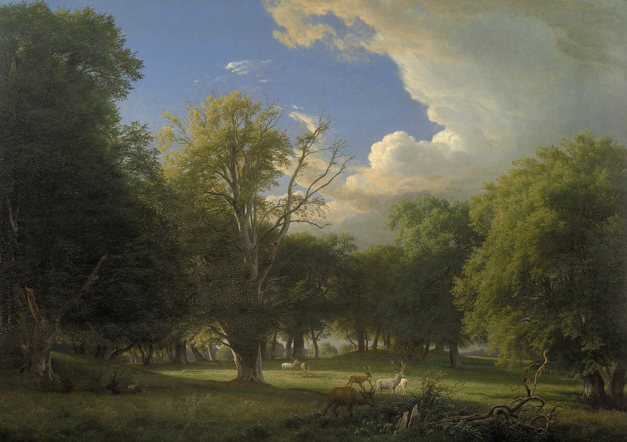 Sommareftermiddag med en övergående dusch. Hjortparken i Jægersborg norr om Köpenhamn av P.C. Skovgaard