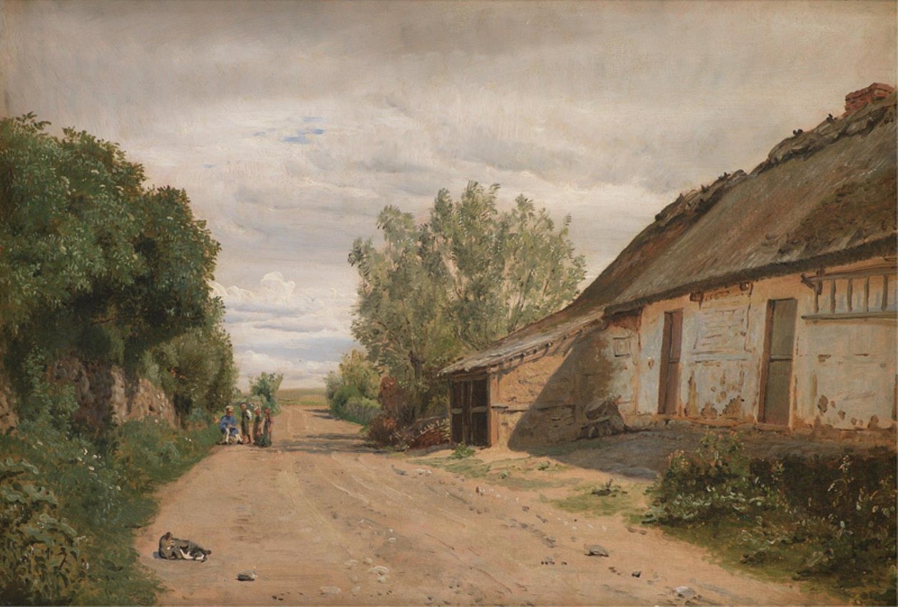 Utkanten av byn Vejby. Vid Vägkanten målare J.Th. Lundbye Skissning av P.C. Skovgaard