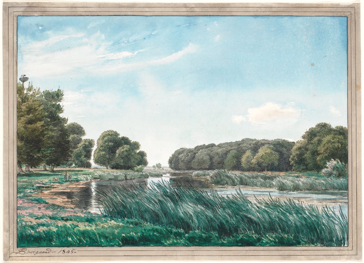 Trädrikt landskap med en sjö och tre barn som står och fiskar. av P.C. Skovgaard