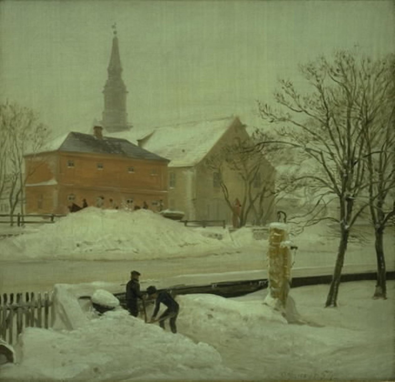 Utsikt från konstnärens bostad i Løweners gods på Christianshavn. Vinterdag med snö av P.C. Skovgaard