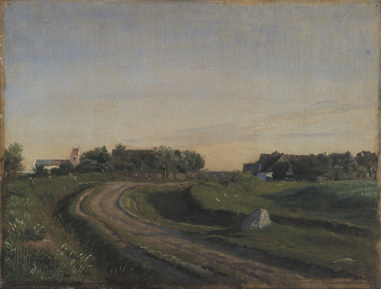 Vejby med Kyrkan sedd från norr. Kvällsljus. Själland av P.C. Skovgaard