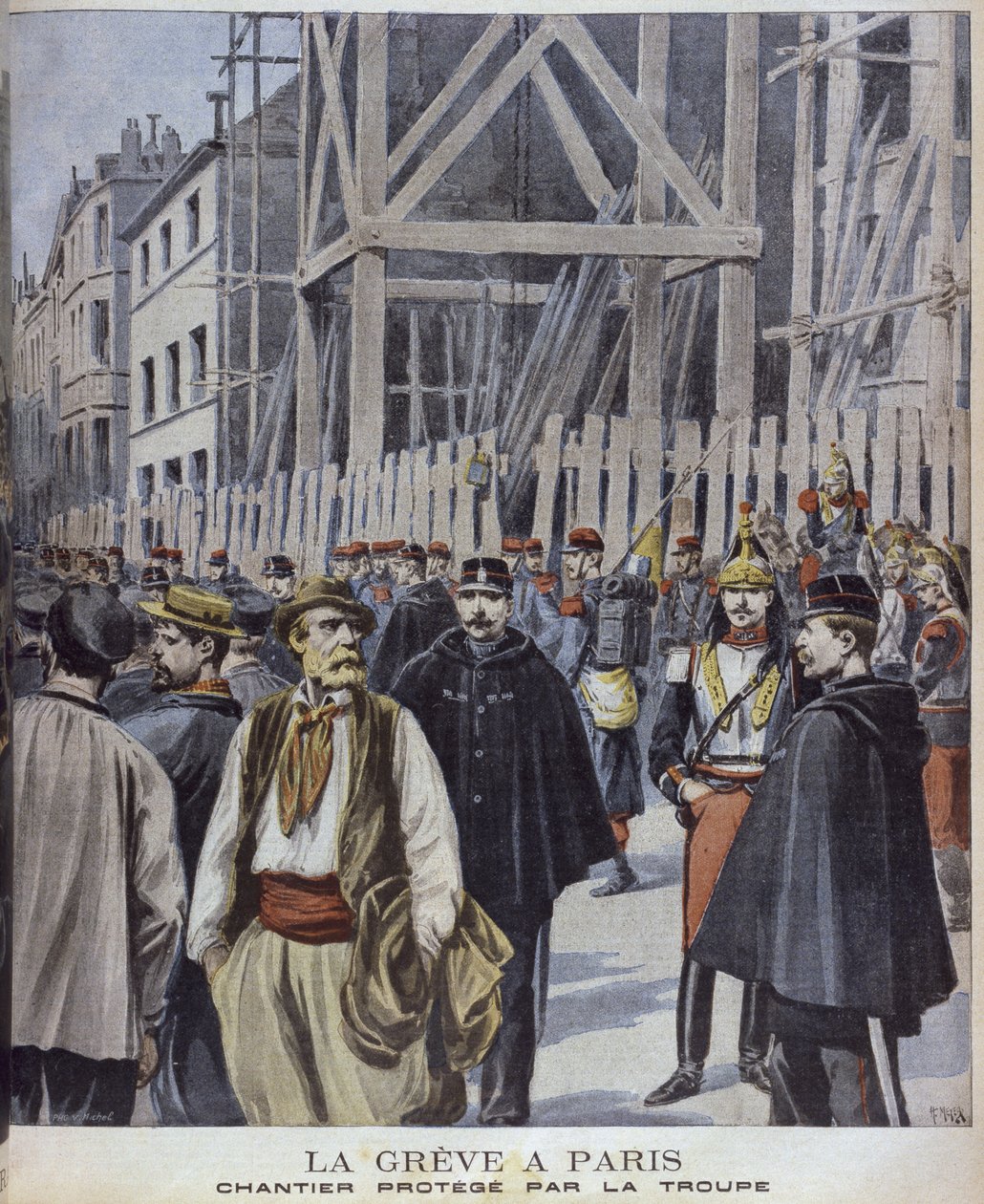 Strejk i Paris, byggnadsplats skyddad av armén, illustration från 