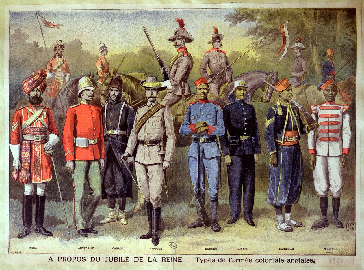 Engelska kolonialarméer i sina respektive uniformer vid firandet av drottning Victorias jubileum den 21 juni 1883, illustration från  av P.H.G.V. Michel