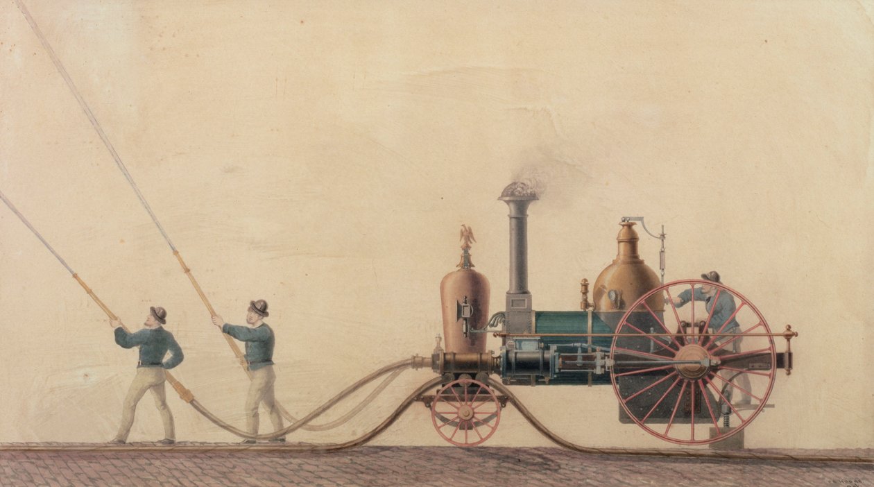 Den första ångbrandbilen som användes i USA 1841, 1865 av P.R. Hodge