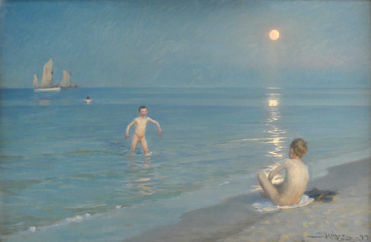 Pojkar badar på Skagen. Sommarkväll av Peder Severin Krøyer