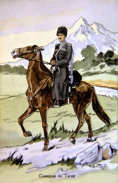 Vykort föreställande en Terek Cossack, ca 1914 (lito i färg) av P. (after) Dmitroff
