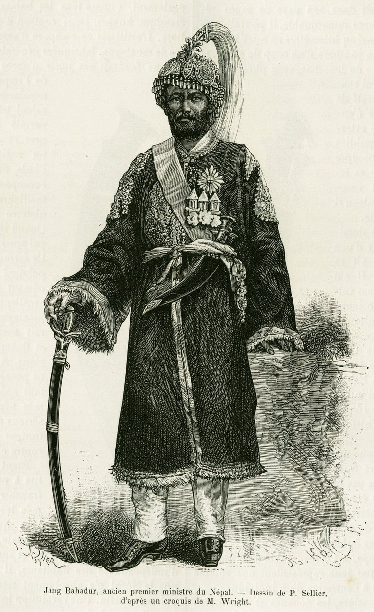 Jang Bahadur (1816-1877), Nepals premiärminister. Gravyr av P.Sellier för att illustrera berättelsen Voyage au Nepal, av Dr. Gustave Le Bon (1841-1931), i le tour du monde 1886, regisserad av Edouard Charton (1807-1890), Hachette, Paris. av P. (after) Sellier