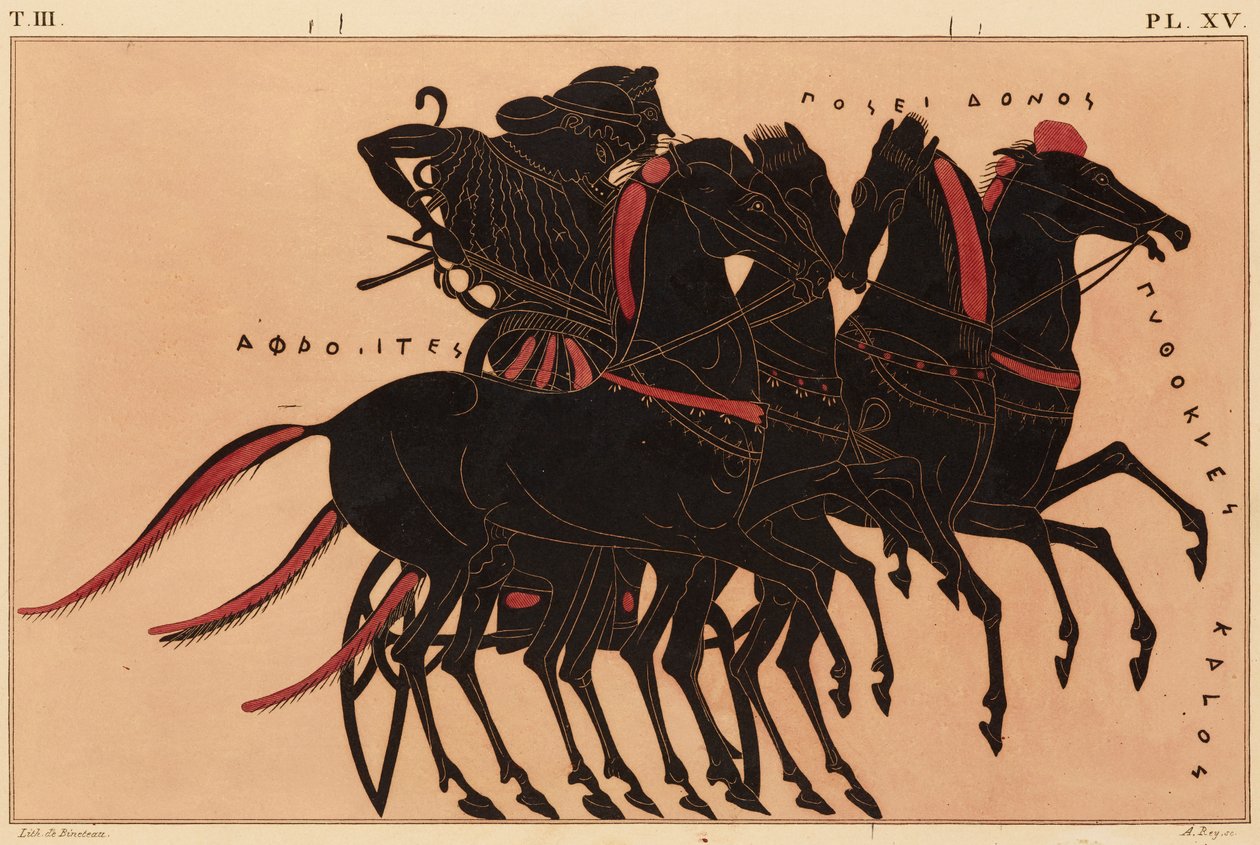 Tryck av dekorationen på en grekisk amfora, som visar Afrodite köra Poseidon i en vagn, ca. 1858 (akvarell och kroppsfärg över litho på vävt papper) av P. Bineteau