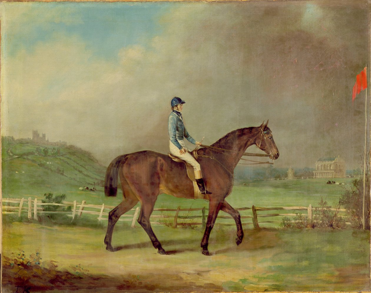 Mr. Hindleys Rosina med ägaren uppe, på Lincoln galoppbana, med Cathedral utanför. av P. Ewbank