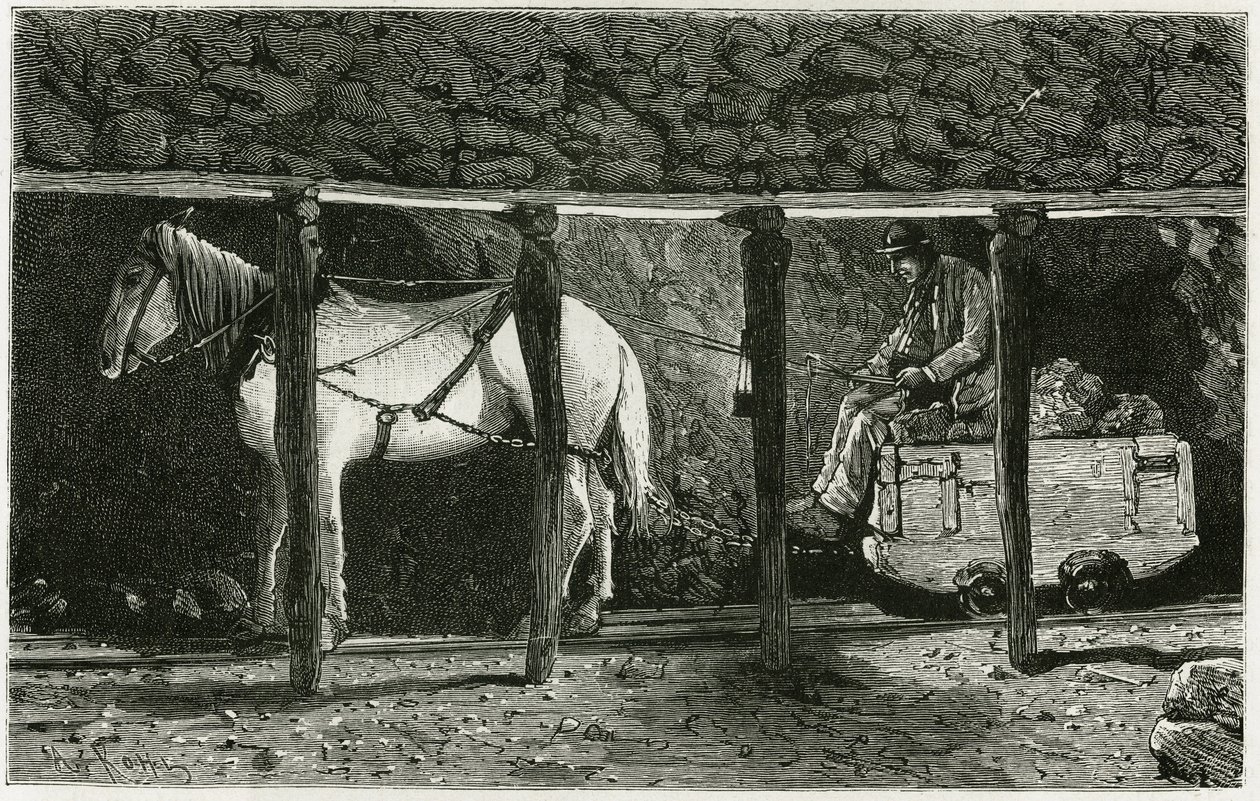 Interiör av ett galleri med berlaine. Gravyr av Ferat, för att illustrera berättelsen "" Belgien", av Camille Lemonnier (1844-1913) belgisk författare. Publicerad i Le Tour du monde, nouveau journal des voyages, 2:a terminen 1884, redigerad av Edouard Char av P. Ferat