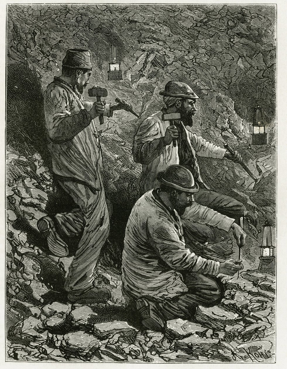 Gruvarbetare som utvinner kol i en åder. Gravyr av Ferat för att illustrera berättelsen "Belgien" av Camille Lemonnier (1844-1913), belgisk författare. Publicerad i Le Tour du monde, nouveau journal des voyages, 2:a halvåret 1884, redigerad av Edouard Char av P. Ferat