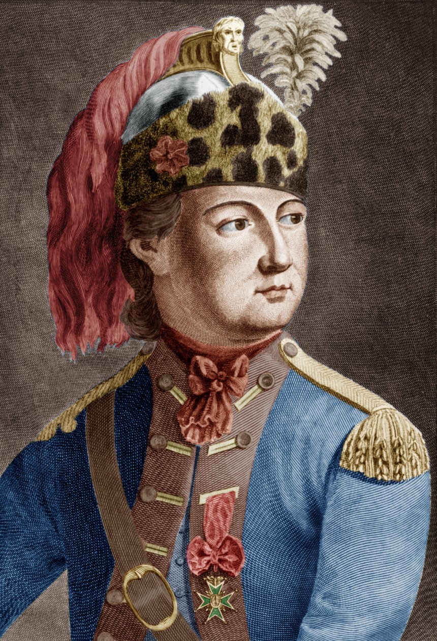Riddare av Eon (1728-1810), fransk hemlig agent för kungen, han brukade korskläda sig, gravera färgat dokument av P. Jean Baptiste Bradel