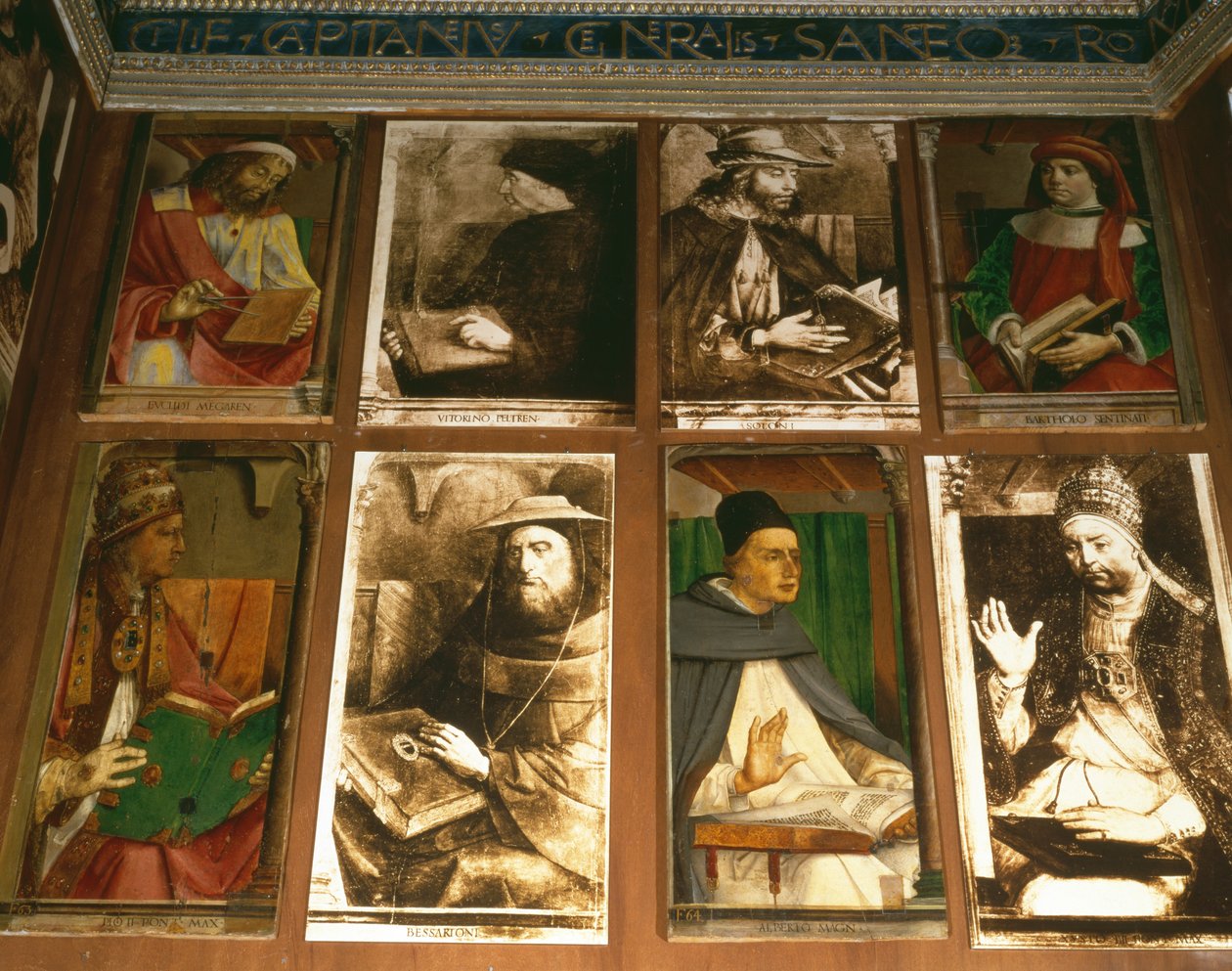 Studien av Federigo da Montefeltro, hertig av Urbino, medurs från TL: Euklides av Megara, grekisk filosof (450-374 f.Kr.); Vittorino da Feltre, italiensk pedagog (1378-1446); Solon, atensk lagstiftare av P. Joos van Gent and Berruguete