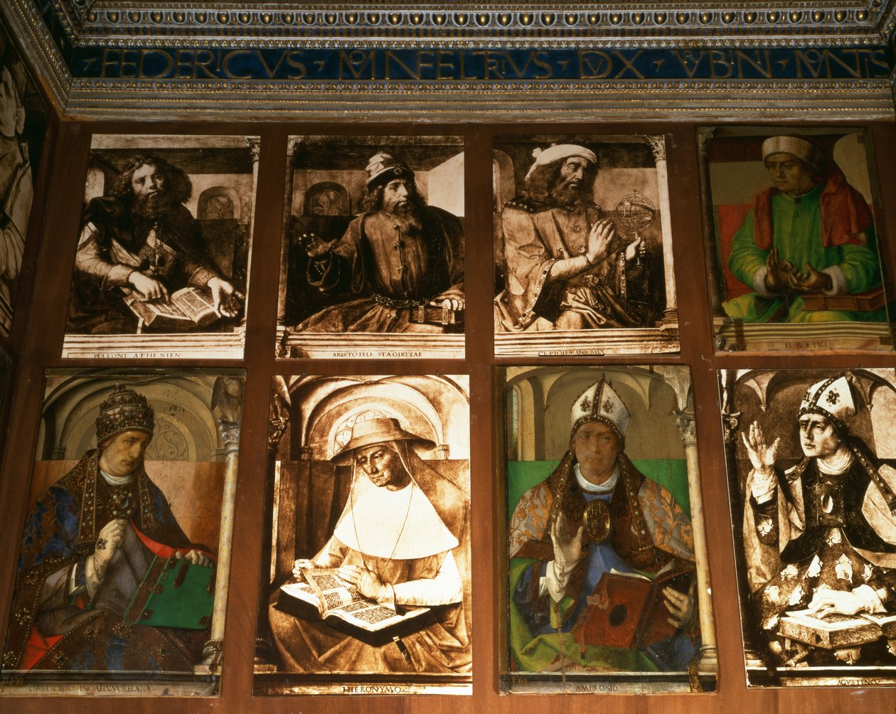 Studien av Federigo da Montefeltro, hertig av Urbino, medurs från TL: grekiska filosoferna Platon (c.427-347 f.Kr.) och Aristoteles (384-322 f.Kr.); Ptolemaios, astronom (c.90-168); Boethius, filosof (ca 48 av P. Joos van Gent and Berruguete