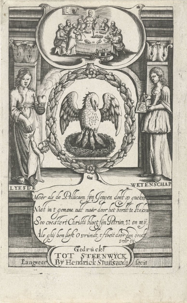 Pelikan som matar sina ungar med sitt eget blod Titelsida för: D. van Baardt, Tapestry of the spiritual and worldly rulership, 1661 av P. Langweer