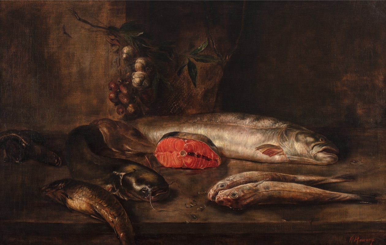 Ett stilleben av fisk med karp, havskatt, lax, mulle, ål och tunga på en bordsskiva med hängande vitlök och schalottenlök, död fisk, ca 1775-1800 (olja på duk) av P. Romney