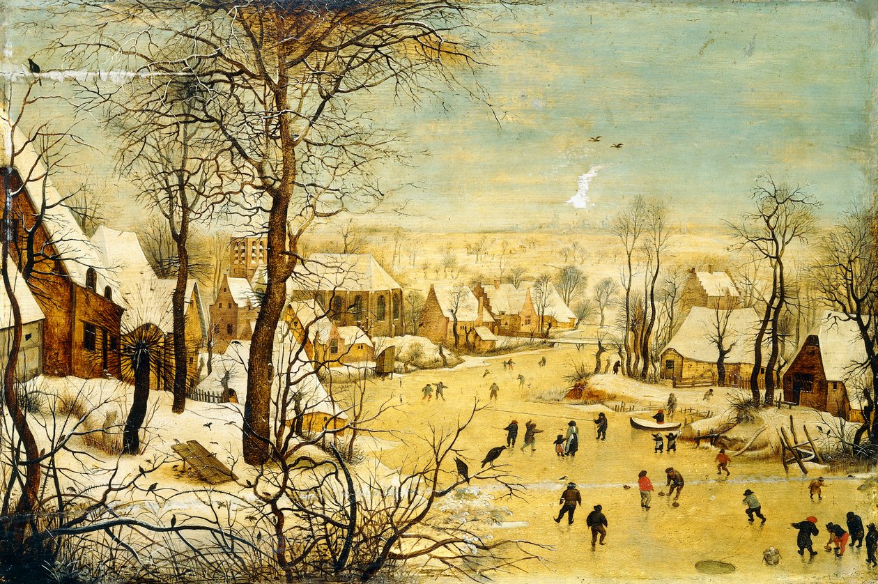En by på vintern med en fågelfälla och skridskoåkare på en frusen vattenväg, av P. the Younger Brueghel