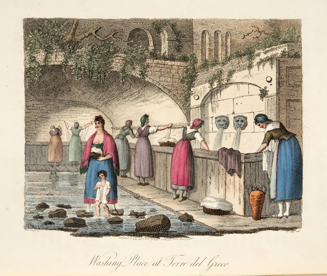 Tvättställe vid Torre del Greco, från italienska landskap, representerande seder, seder och nöjen i de olika staterna i Italien, pub. 1806 (handfärgad gravyr) av P. van (after) Lerberghi