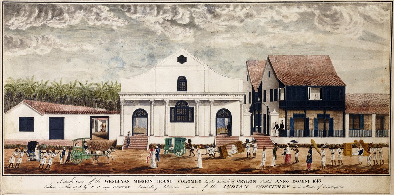 En södervy av Wesleyan Mission House, Colombo på ön Ceylon, uppfört Anno Domini 1816, ca 1816 (akvarell) av P. van Houten