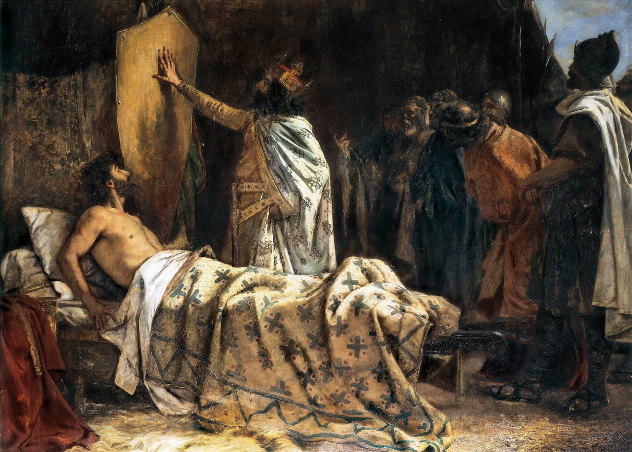 Greve Wilfred den håriges död (840-897), sent 1800 - tidigt 1900-tal (olja på duk) av Pablo Antonio Béjar Novella