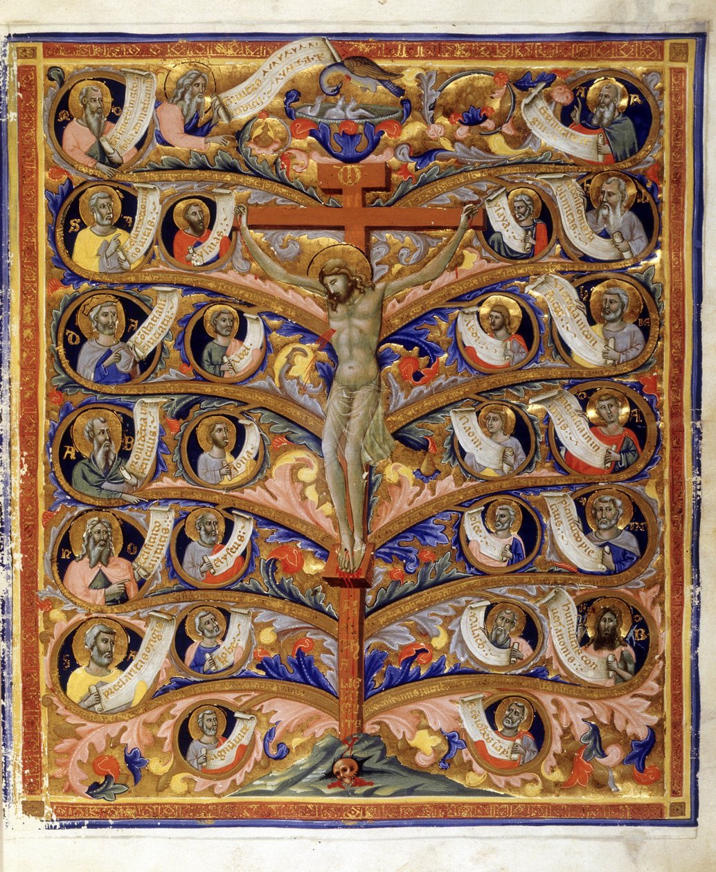 Livets träd, eller korsets träd, illustration från Trivulziana Latin Bible, c.1335-40 (tempera, bladguld och bläck på pergament) av Pacino di Bonaguida