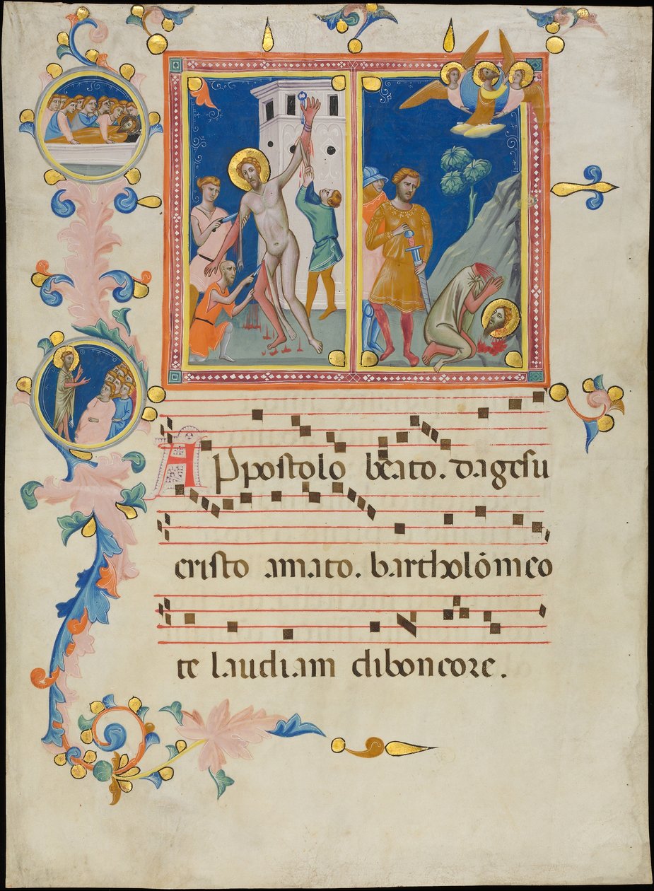 Manuskriptblad med Saint Bartholomews martyrskap, från en Laudario, ca. 1340. av Pacino di Bonaguida