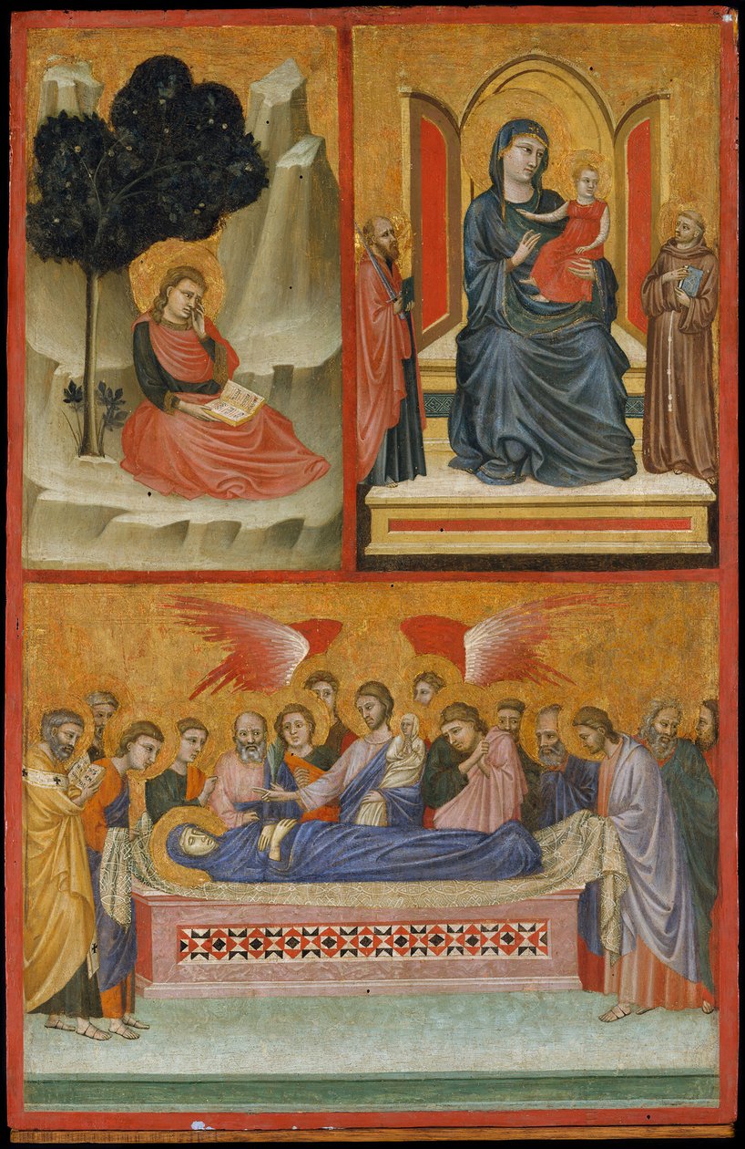 Sankt Johannes på Patmos, Madonna och barn på tronen och Jungfruns död, korsfästelsen. av Pacino di Bonaguida