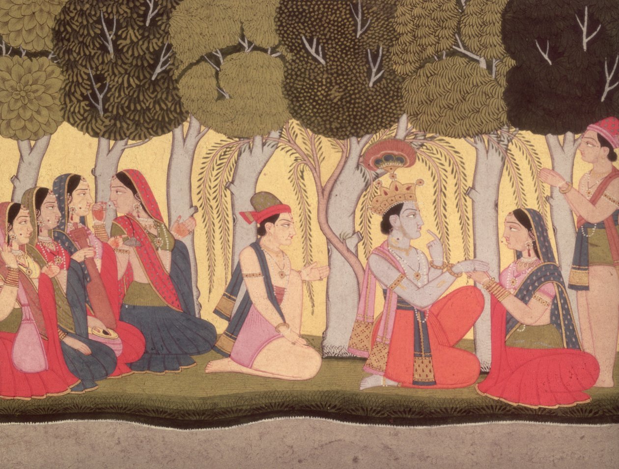 Radha och Krishna sittande i en lund, Kulu, 1790-1800 av Pahari School