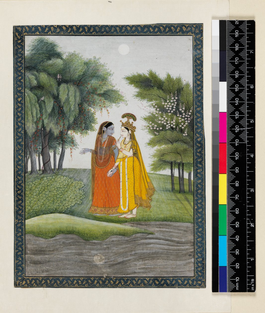 Krishna och Radha går förbi Jumna i månskenet efter att ha bytt kläder, från 