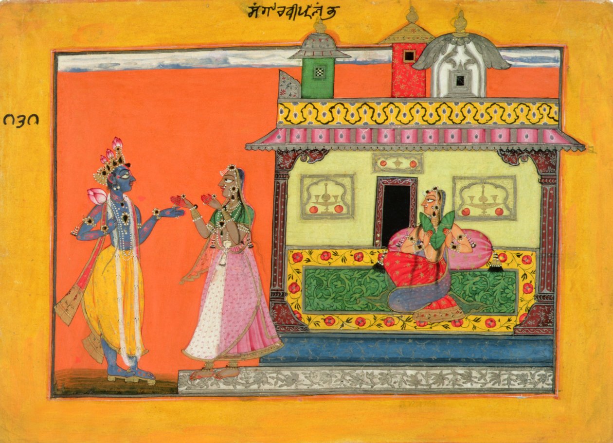Krishna anländer till Radhas hus, illustration från ett manuskript av Rasamanjari från Bhanudatta, Basholi-stil, ca 1660-70 av Pahari School