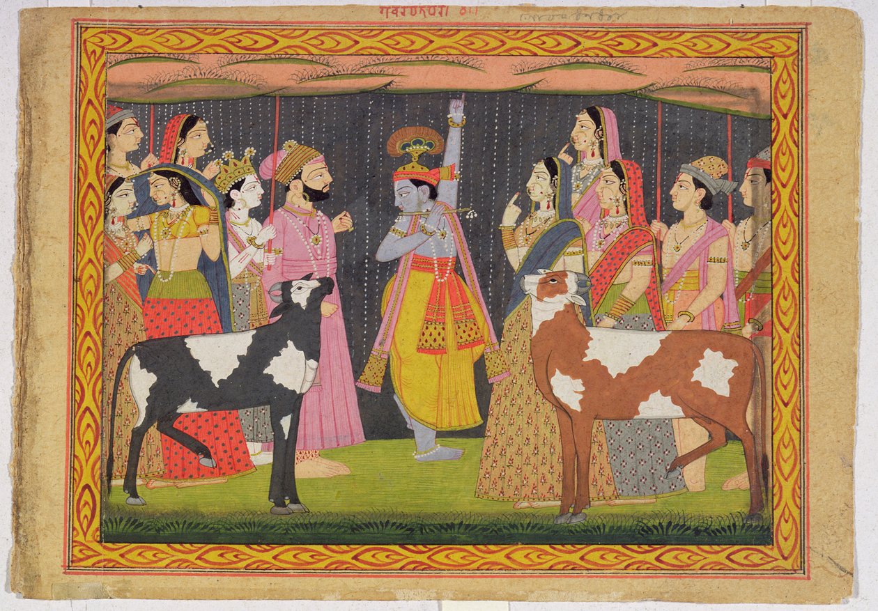 Krishna lyfter berget Govardhana, från Bhagavata purana, Kulu, Himachal Pradesh, 1749 av Pahari School