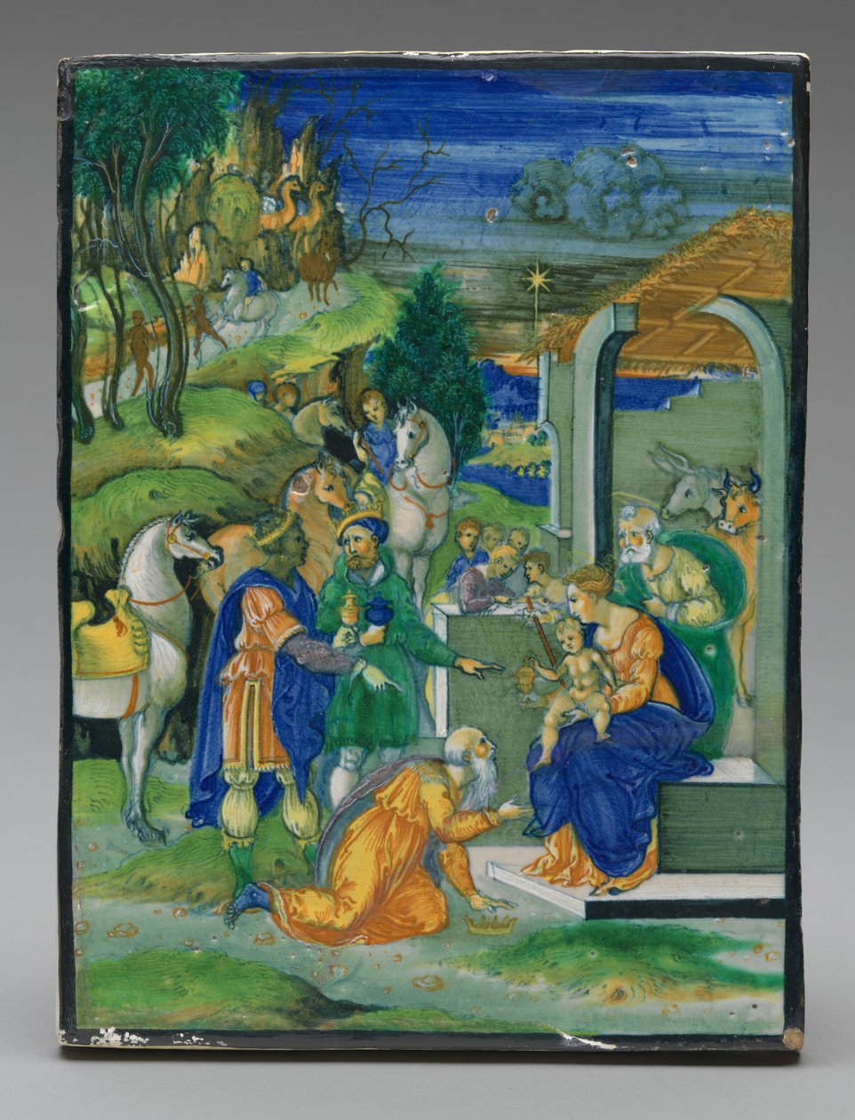 Panel med tillbedjan av Magi av Painted by Nicola da Urbino