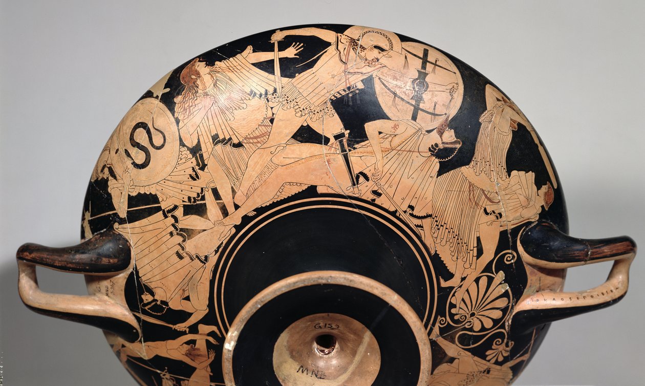 Detalj av en bägare med röd figur på vinden som visar scener från det trojanska kriget, ca 490 f.Kr. (keramik) (se 92562 & 211797 för interiör) av Painter Brygos