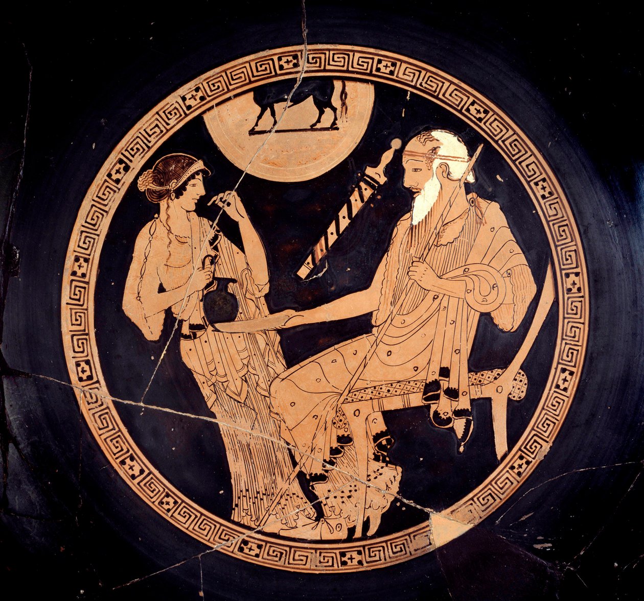 Ilioupersis Cup: kopp med röda figurer som representerar Briseis och gamla Fenix (Phoenix), Achilles-pedagog. Tillskriven Brygos (400-talet f.Kr.). Paris, Louvren av Painter Brygos
