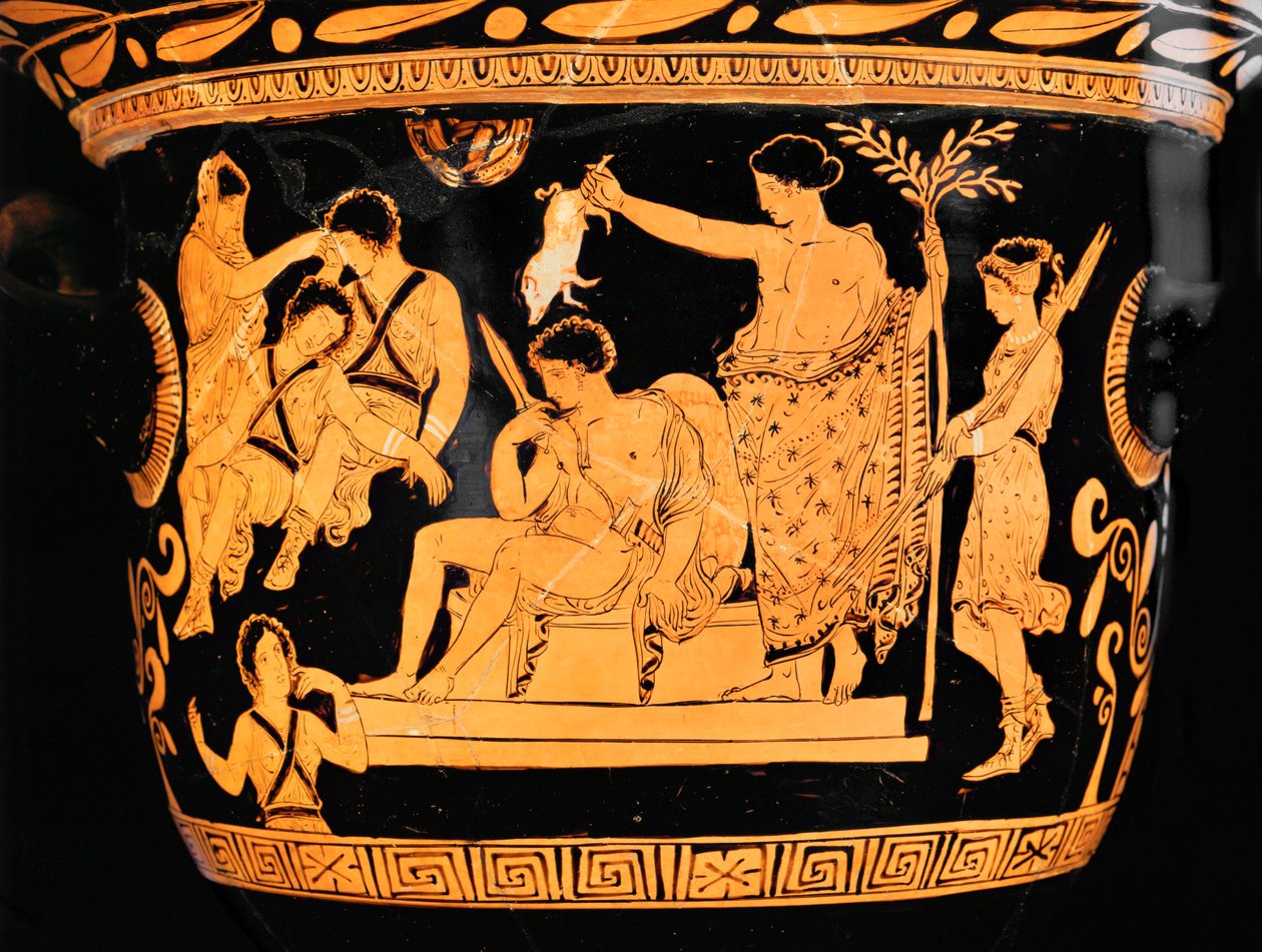 Rödfigurerad klockkrater från Apulien: Apollo renar Orestes med blodet från en spädgris ... av Painter Eumenides