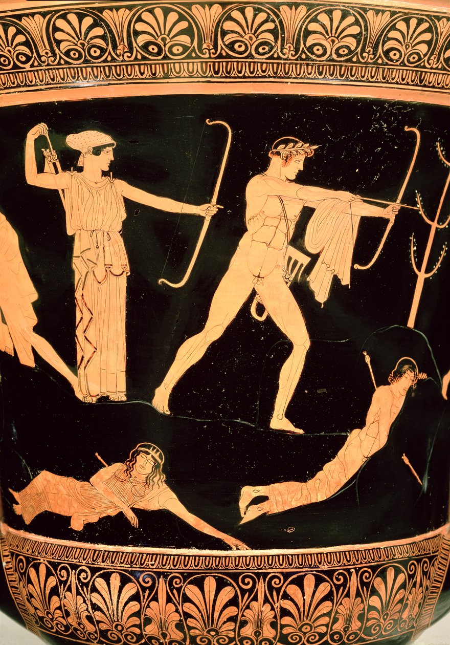 The Death of the Niobids, detalj från en attisk röd-figur calyx-krater, c.450 f.Kr. (keramik) (detalj från 19106, se även 92576) av Painter Niobid