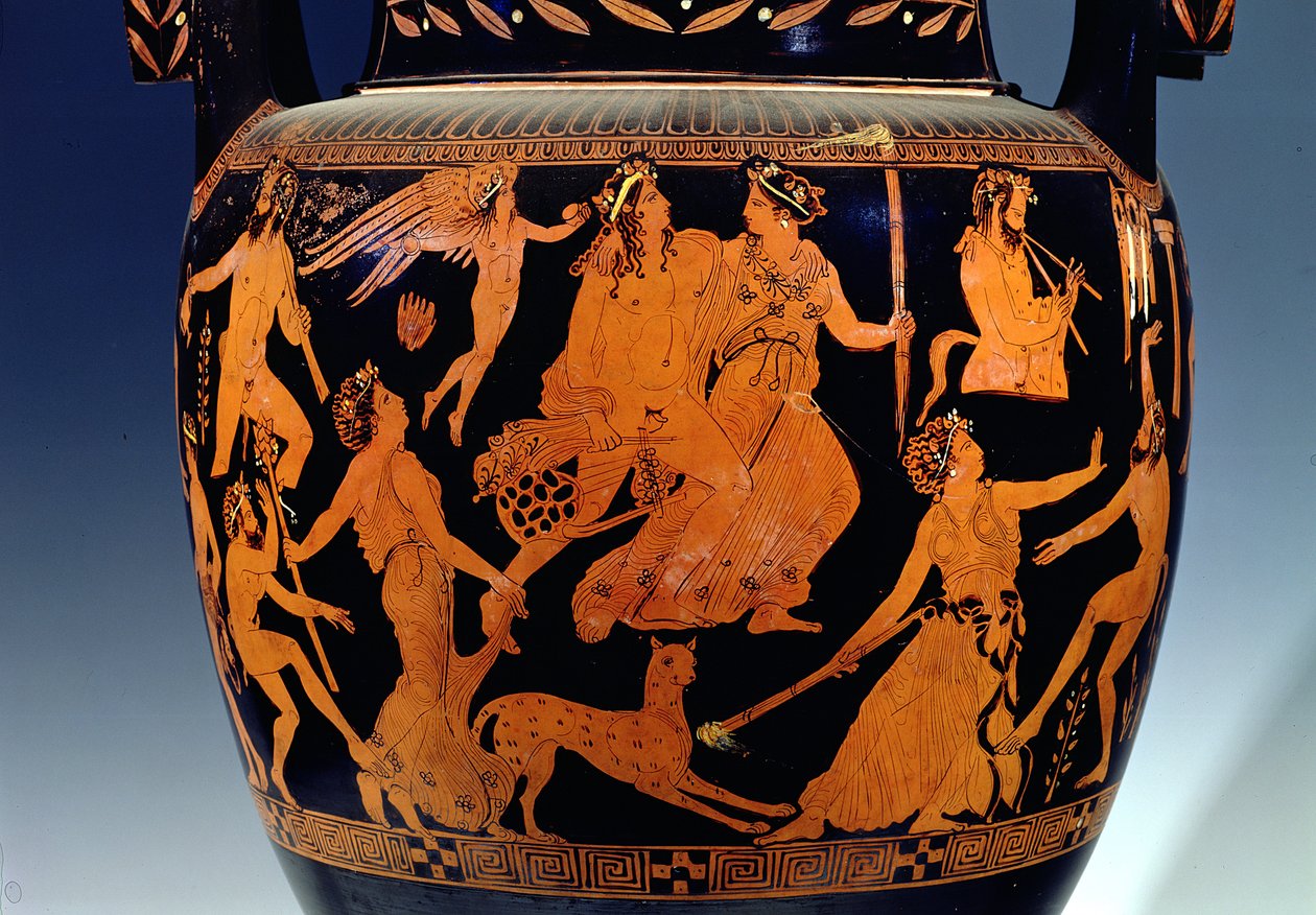 Attisk volutkrater med röd figur, detalj av scen med skådespelare och musiker som förbereder sig för en föreställning, grekiska, från Ruvo, 500-talet f.Kr. (keramik) (se 119445-7) av Painter Pronomos