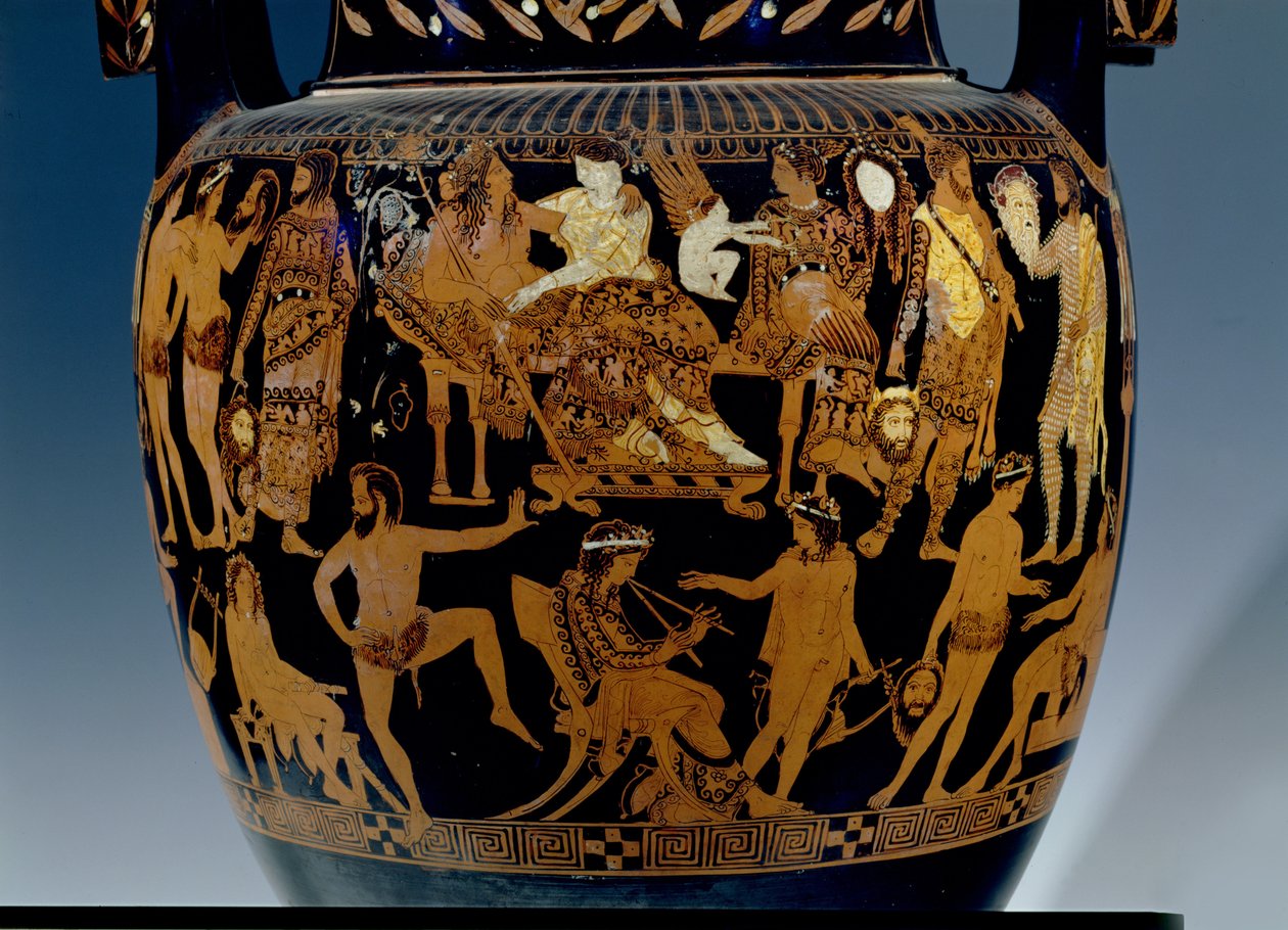 Attisk volutkrater med röd figur, detalj av scen med skådespelare och musiker som förbereder sig för en föreställning före Bacchus och Ariadne, grekiska, från Ruvo, 500-talet f.Kr. (keramik) (se även 119444-5 av Painter Pronomos