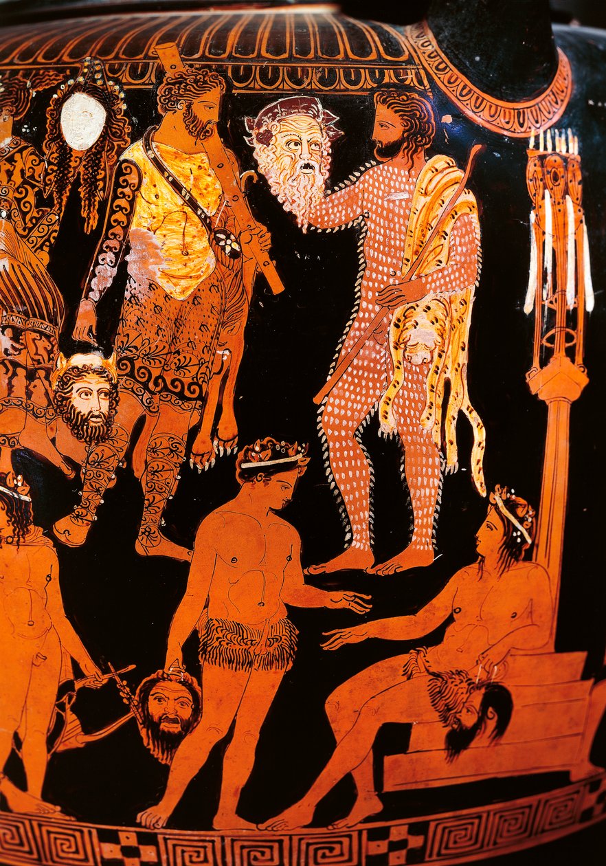 Rödfigursvolutkrater med en skådespelare som håller sin mask, från Ruvo, c.410 f.Kr. (keramik) av Painter Pronomos