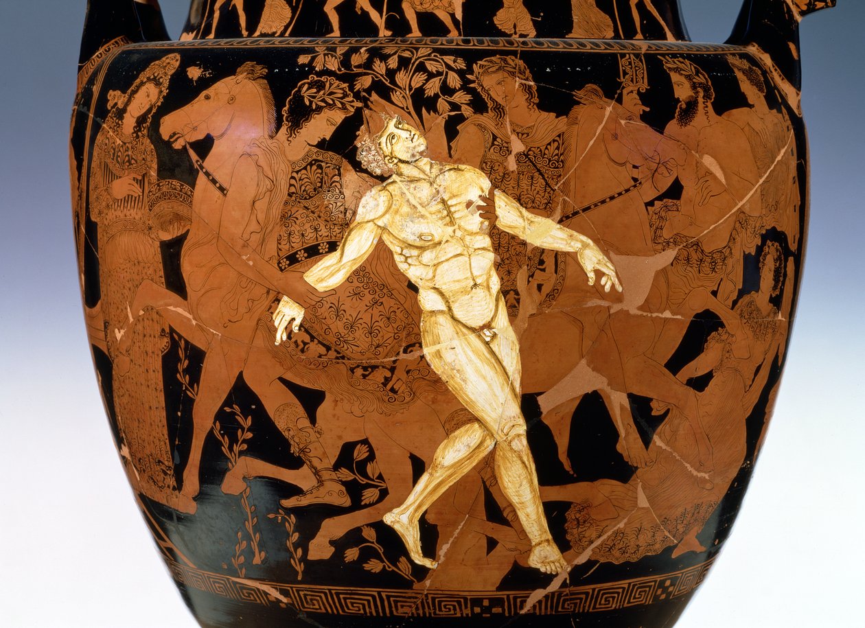 Attisk volutekrater med röd figur som visar bronsjättens död Talos (keramik) (detalj av 85070) av Painter Talos