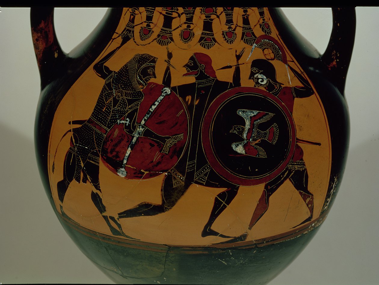 Attic svartfigur amfora dekorerad med en scen av Herakles klädd i ett lejonskinn som slåss mot Cycnus, c.540 f.Kr. (keramik) av Painter of Berlin