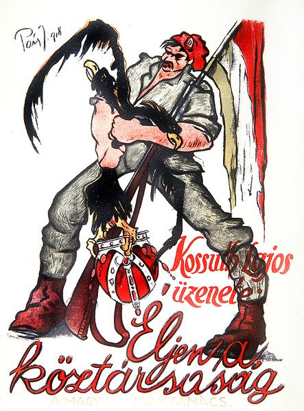 Ungersk revolutionär som stryper den dubbelhövdade österrikisk-ungerska örnen och proklamerar Kossuths proklamation "Länge leve republiken", affisch för Budapestkommunen av Paizs Goebel Jeno