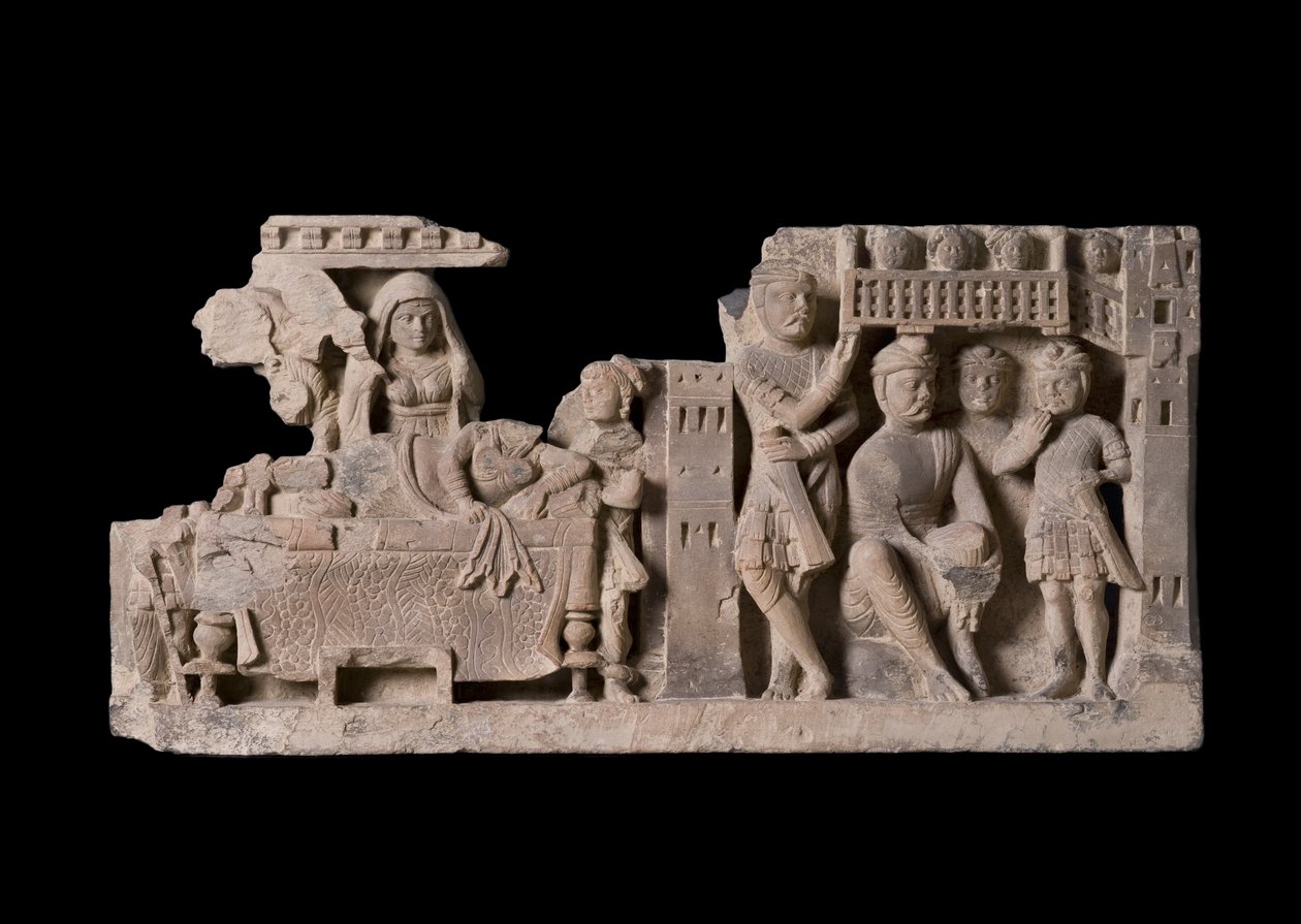 Reliefpanel som visar drömmen om drottning Maya, Gandhara-regionen (skifer) av Pakistani School